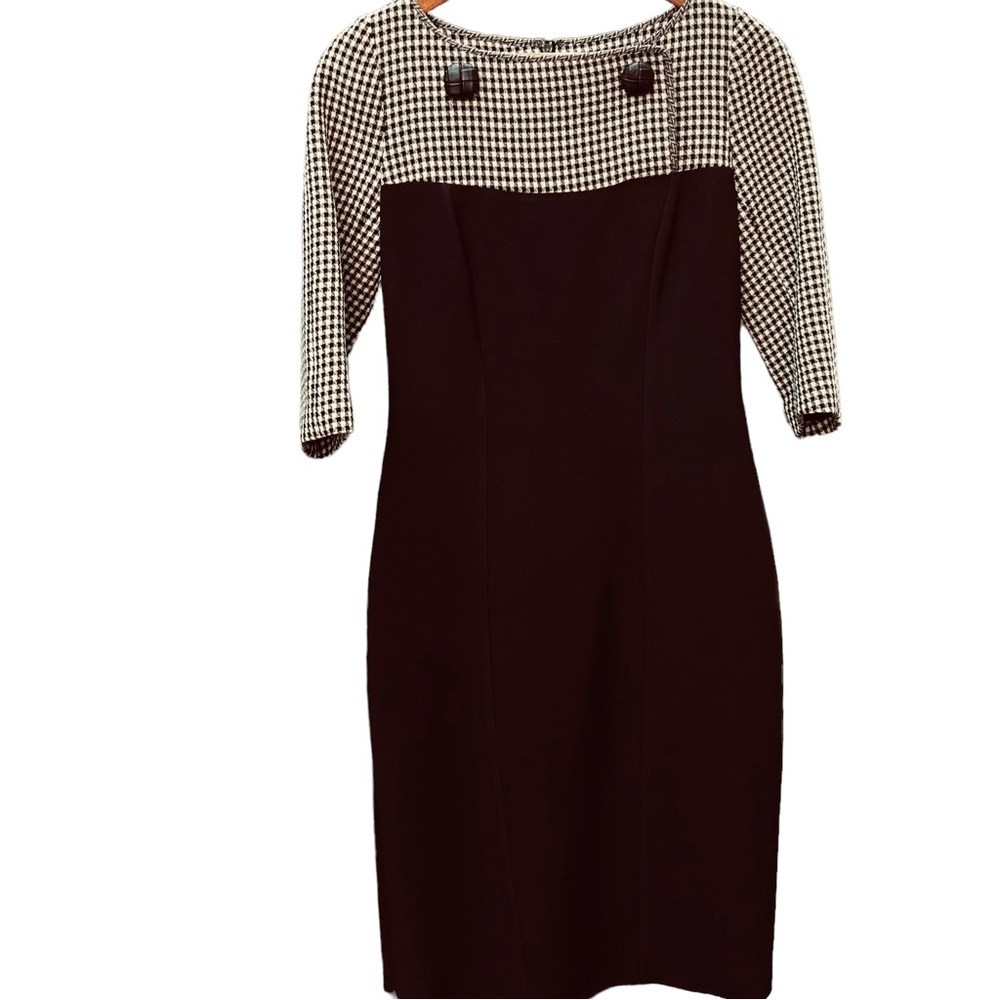 Andrew GN Black & Cream Wool Blend Houndstooth Half Sleeve Secretary Dress Sz 8